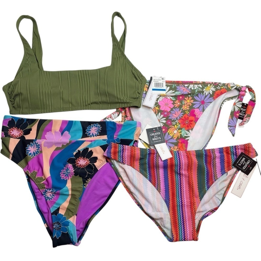 Salt + Cove Olive Square Neck Bikini Top & 3 Bottoms Floral Stripe XL New